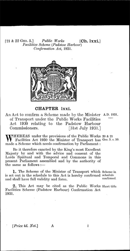 Public Works Facilities Scheme (Padstow Harbour) Confirmation Act 1931