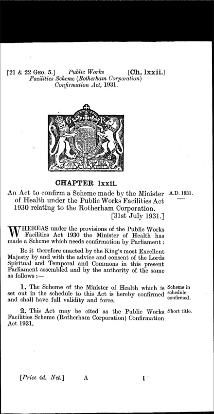 Public Works Facilities Scheme (Rotherham Corporation) Confirmation Act 1931