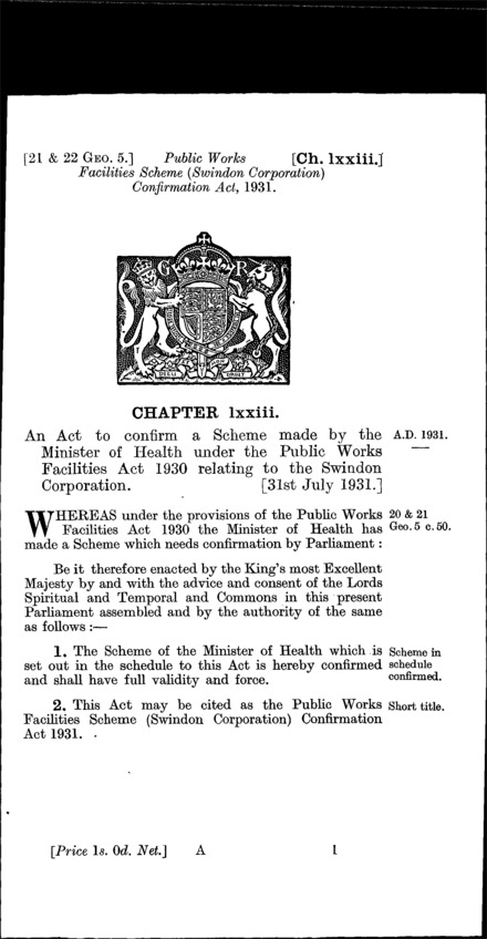 Public Works Facilities Scheme (Swindon Corporation) Confirmation Act 1931