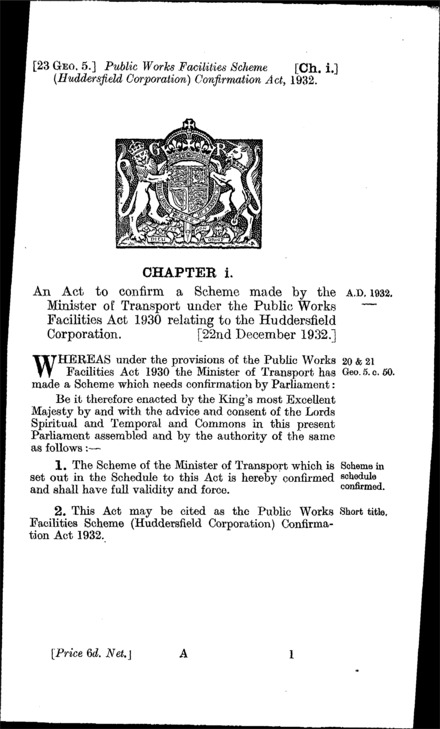 Public Works Facilities Scheme (Huddersfield Corporation) Confirmation Act 1932