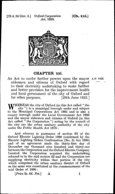 Oxford Corporation Act 1933