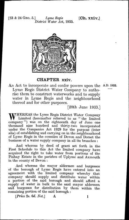 Lyme Regis District Water Act 1933