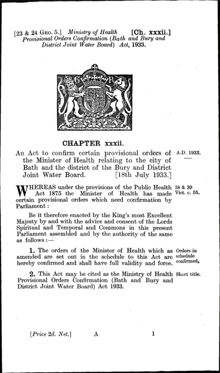 Bath and Bury and District Joint Water Board Act 1933