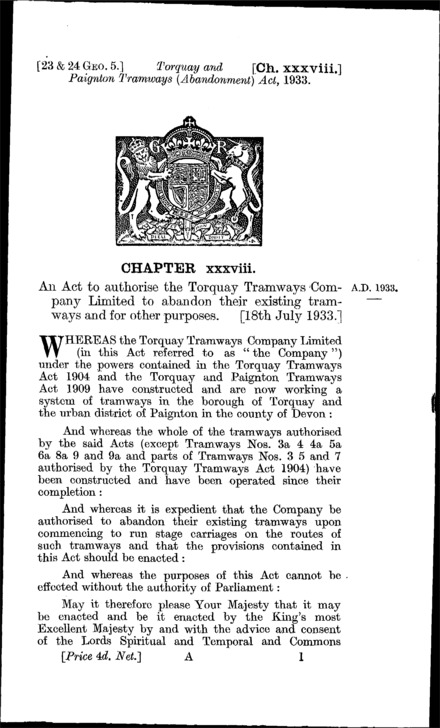 Torquay and Paignton Tramways (Abandonment) Act 1933