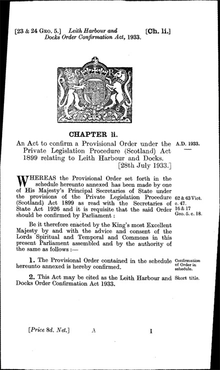 Leith Harbour and Docks Order Confirmation Act 1933