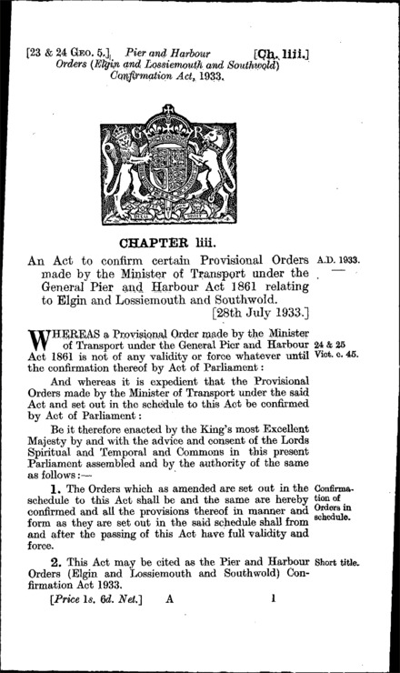 Pier and Harbour Orders (Elgin and Lossiemouth and Southwold) Confirmation Act 1933