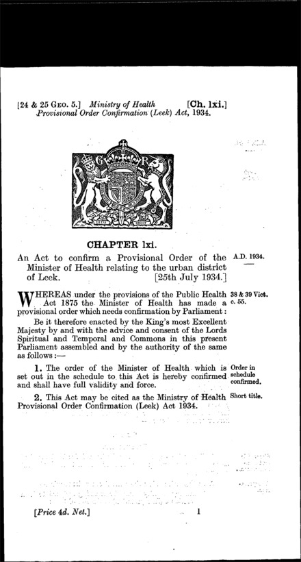 Ministry of Health Provisional Order Confirmation (Leek) Act 1934