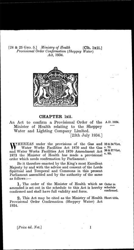 Ministry of Health Provisional Order Confirmation (Sheppey Water) Act 1934
