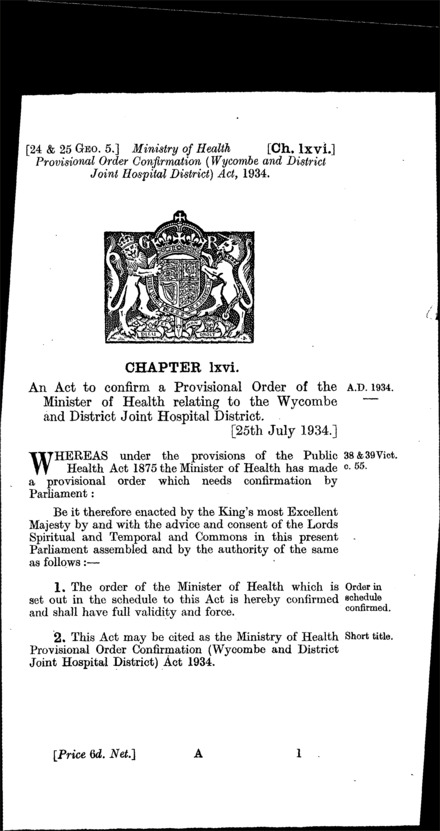 Ministry of Health Provisional Order Confirmation (Wycombe and District Joint Hospital) Act 1934