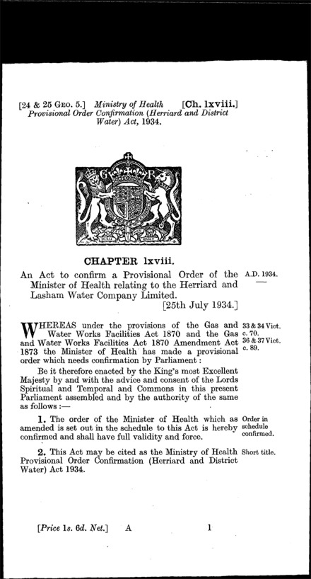 Ministry of Health Provisional Order Confirmation (Herriard and District Water) Act 1934