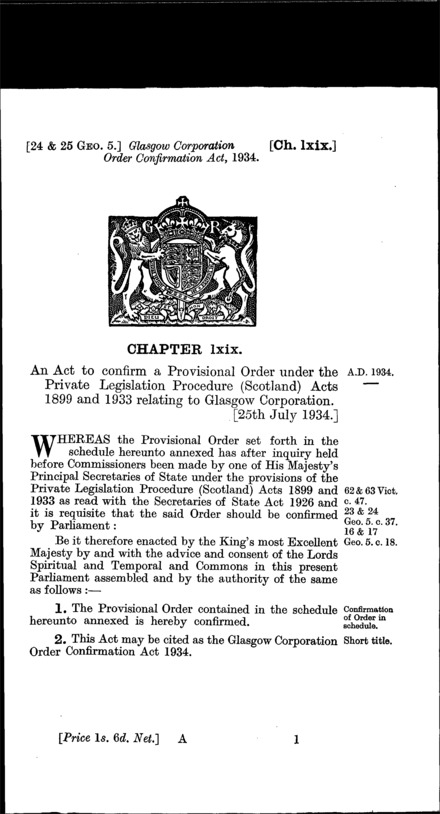 Glasgow Corporation Order Confirmation Act 1934