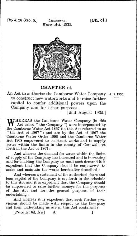 Cambourne Water Act 1935