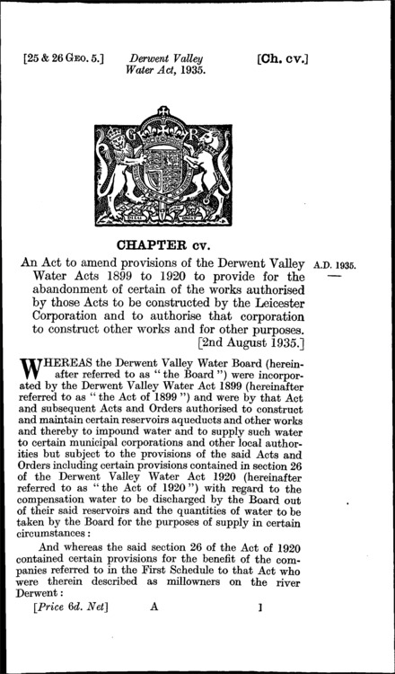 Derwent Valley Water. Act 1935