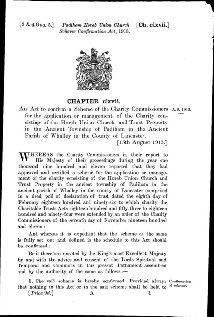 Padiham Horeb Union Church Scheme Confirmation Act 1913