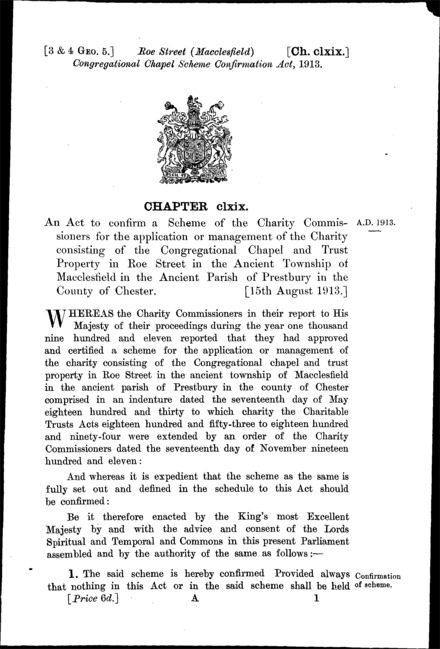 Roe Street (Macclesfield) Congregational Chapel Scheme Confirmation Act 1913