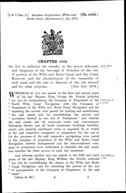 Swindon Corporation (Wilts. and Berks. Canal Abandonment) Act 1914