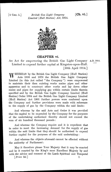 British Gas Light Company (Hull Station) Act 1914