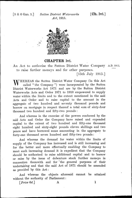 Sutton District Waterworks Act 1915