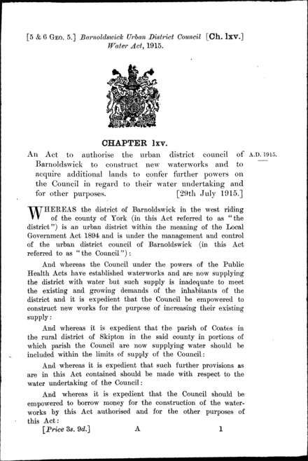 Barnoldswick Urban District Council Water Act 1915