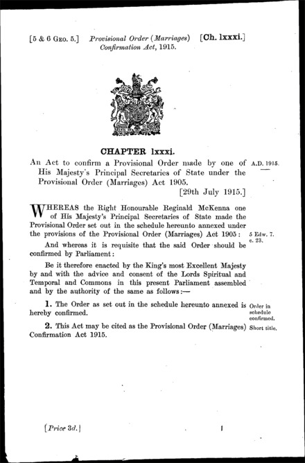 Provisional Order (Marriages) Confirmation Act 1915
