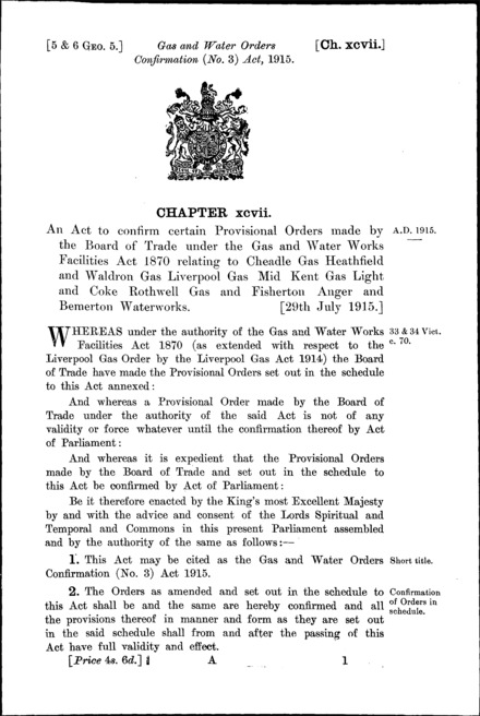 Gas and Water Orders Confirmation (No. 3) Act 1915