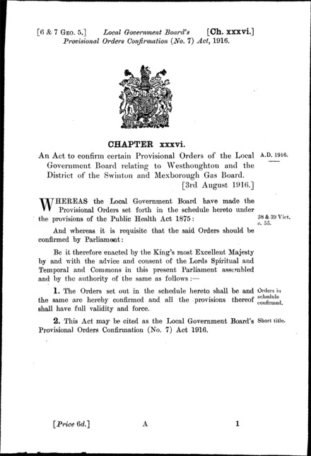 Local Government Board's Provisional Orders Confirmation (No. 7) Act 1916