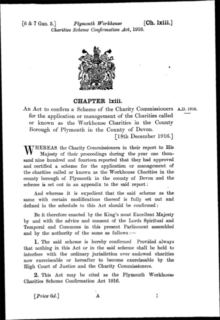 Plymouth Workhouse Charities Scheme Confirmation Act 1916
