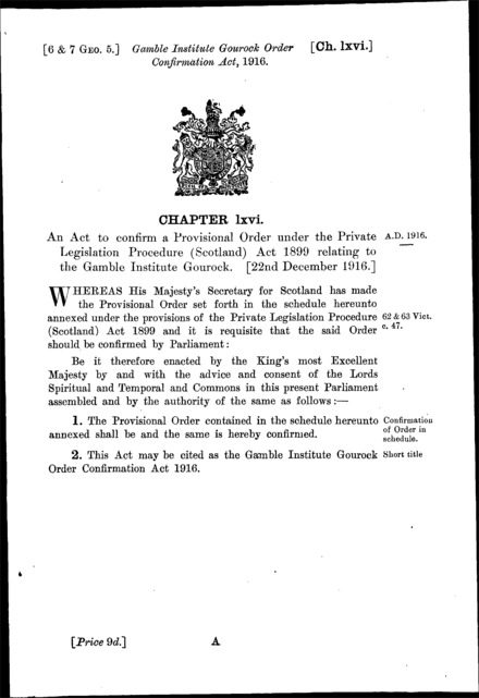 Gamble Institute Gourock Order Confirmation Act 1916