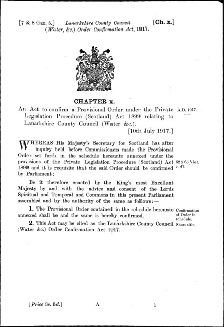 Lanarkshire County Council (Water, &c.) Order Confirmation Act 1917