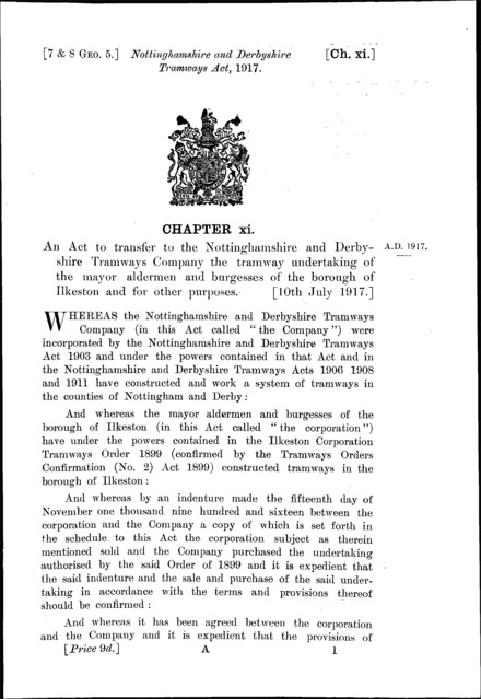 Nottinghamshire and Derbyshire Tramways Act 1917