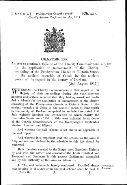 Presbyterian Church (Crook) Charity Scheme Confirmation Act 1917
