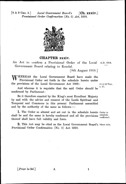 Local Government Board's Provisional Order Confirmation (No. 5) Act 1918