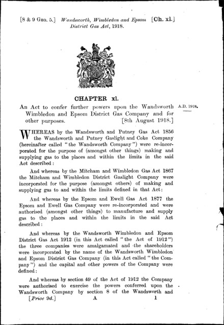 Wandsworth, Wimbledon and Epsom District Gas Act 1918