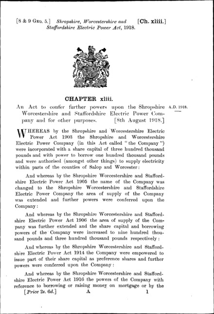 Shropshire, Worcestershire and Staffordshire Electric Power Act 1918