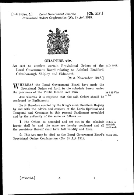 Local Government Board's Provisional Orders Confirmation (No. 3) Act 1918