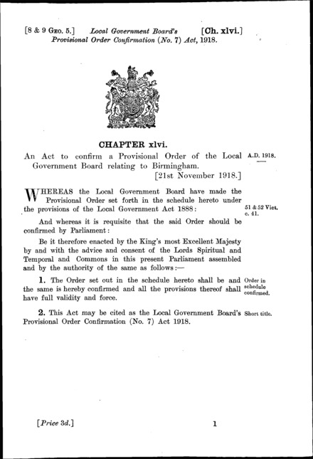 Local Government Board's Provisional Order Confirmation (No. 7) Act 1918
