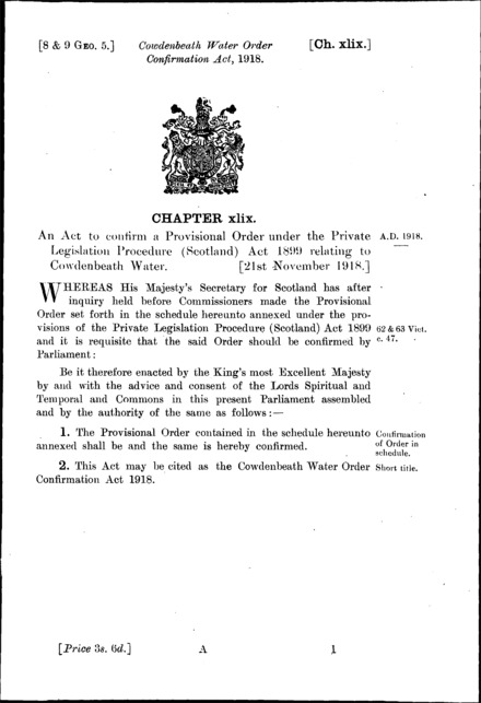 Cowdenbeath Water Order Confirmation Act 1918