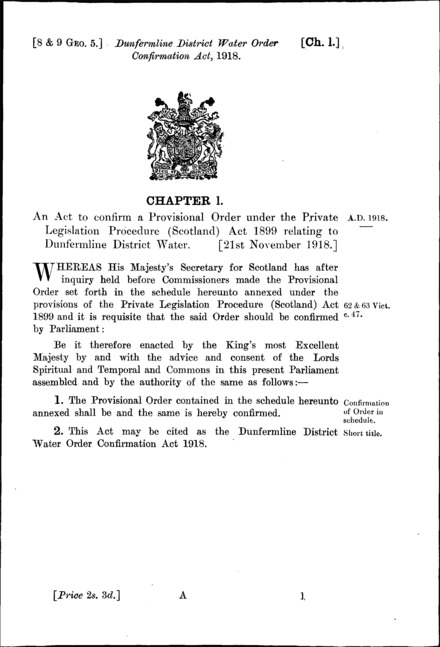 Dunfermline District Water Order Confirmation Act 1918