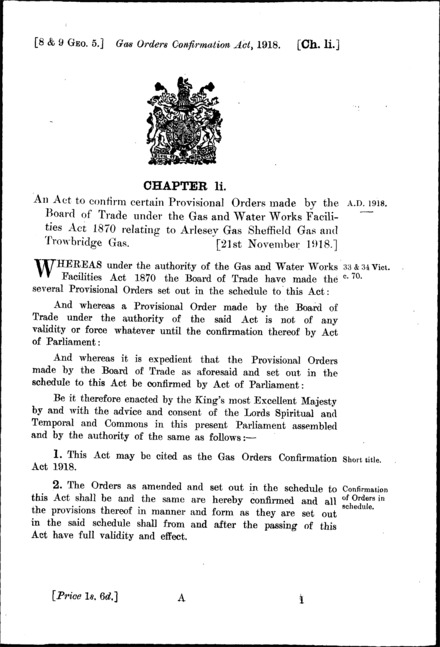 Gas Orders Confirmation Act 1918