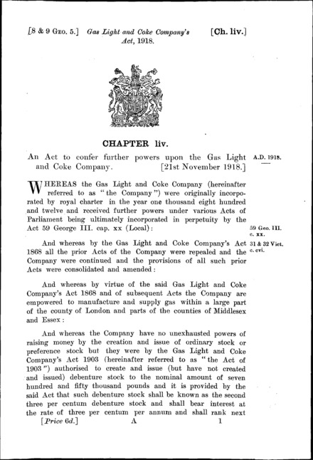 Gas Light and Coke Company's Act 1918