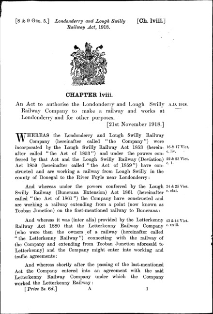 Londonderry and Lough Swilly Railway Act 1918