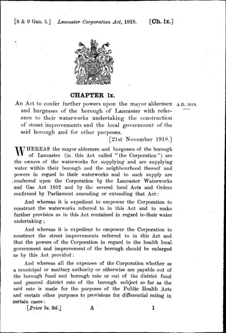 Lancaster Corporation Act 1918