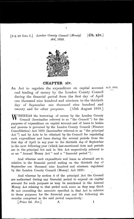 London County Council (Money) Act 1919