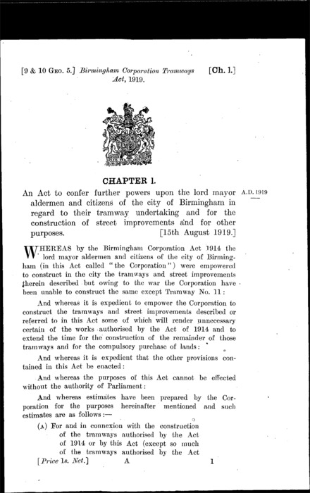Birmingham Corporation Tramways Act 1919