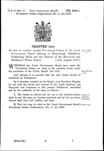 Local Government Board's Provisional Orders Confirmation (No. 1) Act 1919