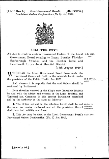 Local Government Board's Provisional Orders Confirmation (No. 3) Act 1919