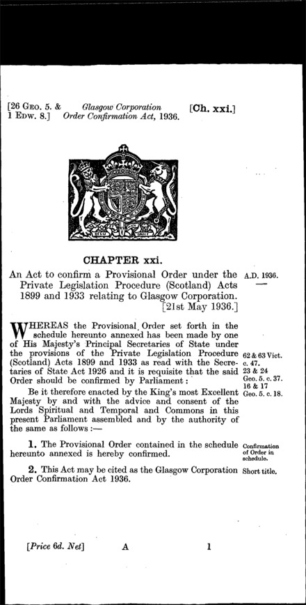 Glasgow Corporation Order Confirmation Act 1936
