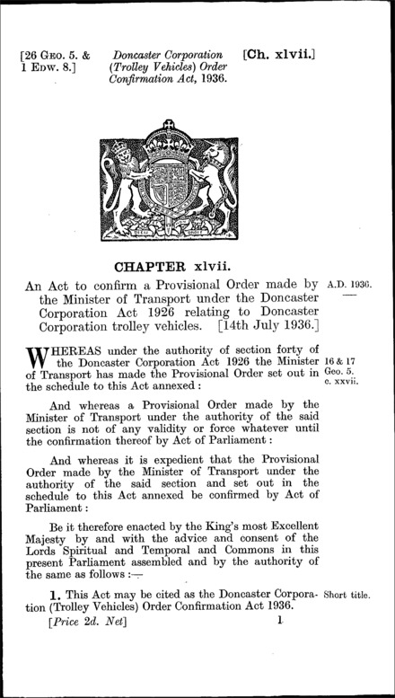 Doncaster Corporation (Trolley Vehicles) Order Confirmation Act 1936