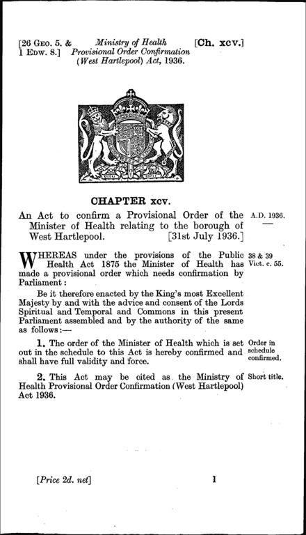 Ministry of Health Provisional Order Confirmation (West Hartlepool) Act 1936