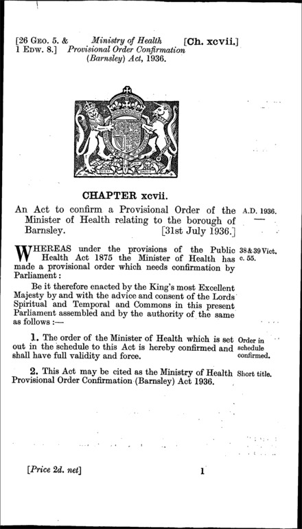 Ministry of Health Provisional Order Confirmation (Barnsley) Act 1936